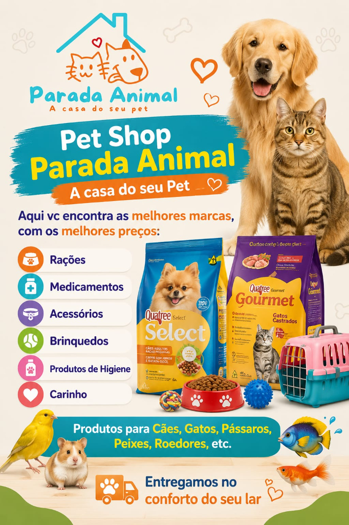 Arte promocional da Parada Animal com cães, gatos, produtos para pets e entrega em domicílio