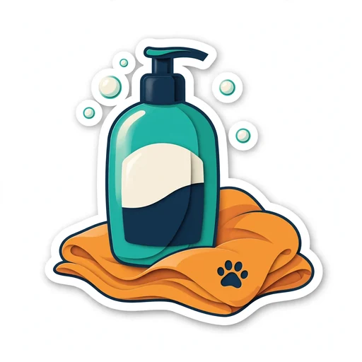 Ilustração de frasco de higiene pet, toalha e bolhas